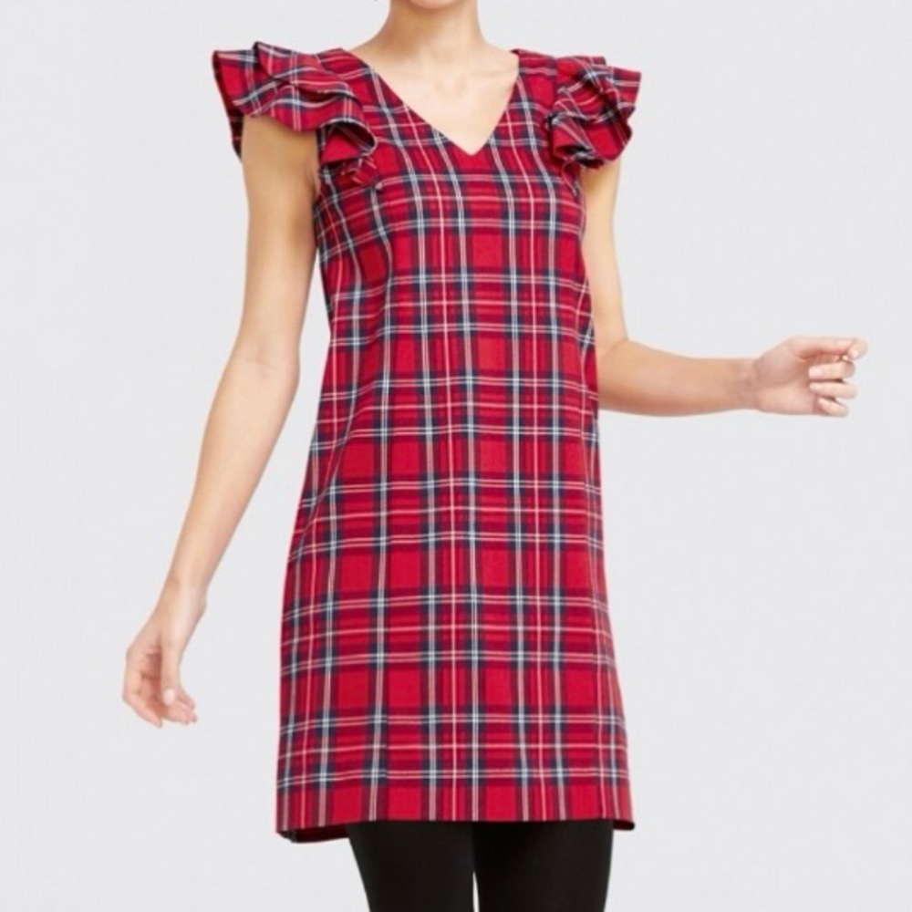 DRAPER JAMES | Red Plaid Navy White Black Flutter Sleeve Ruffle Shift Dress | 14